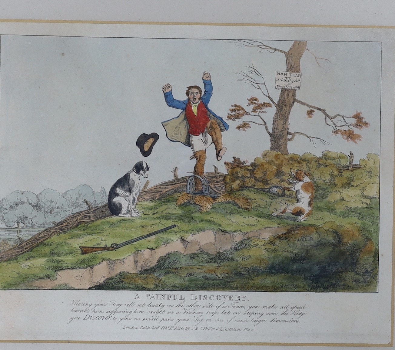 S & J Fuller Publ. 1816, a set of six coloured engravings, 'A Curious Discovery' and other shooting incidents, 21 x 28cm